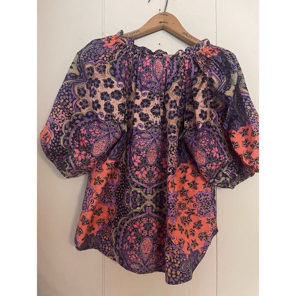 Xirena Floral Top XS Purple Red Print Puff Sleeves 100% Cotton Split Neck - Picture 3 of 6